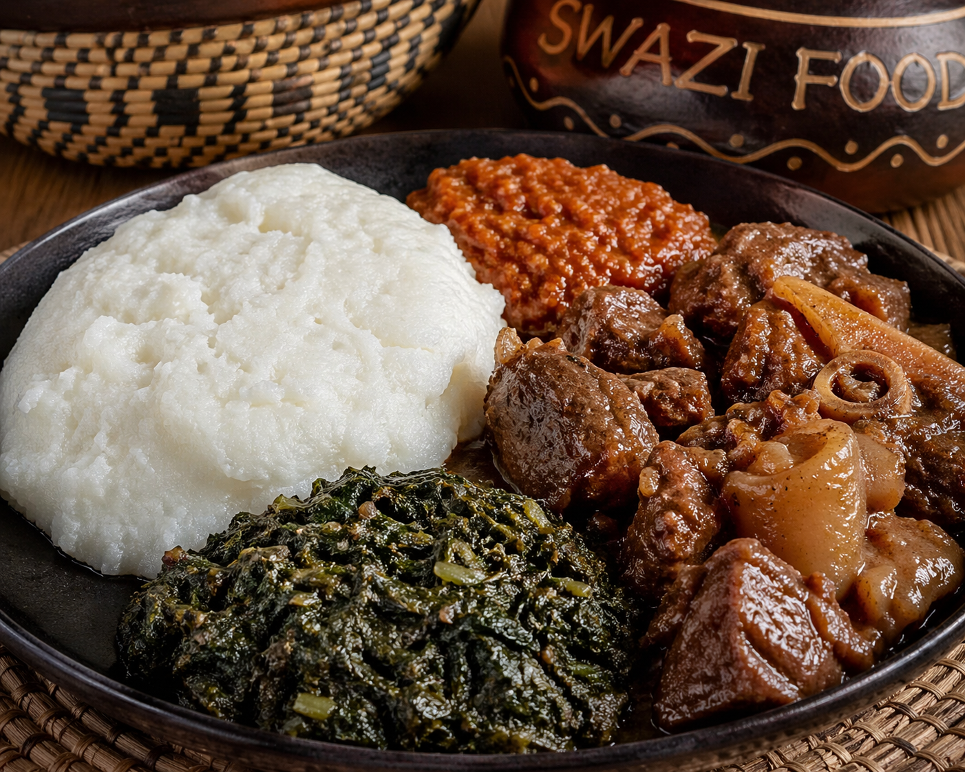 Traditional Swazi platter with pap, stew and relish