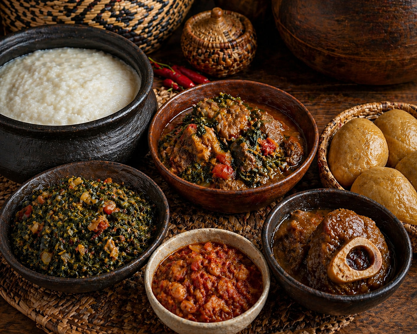 Traditional spread of stews, greens and dumplings